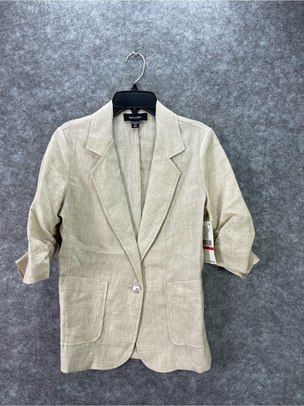 Karen Kane Blazer Women's Petite XSP Beige Linen Ruched Sleeve Jacket.